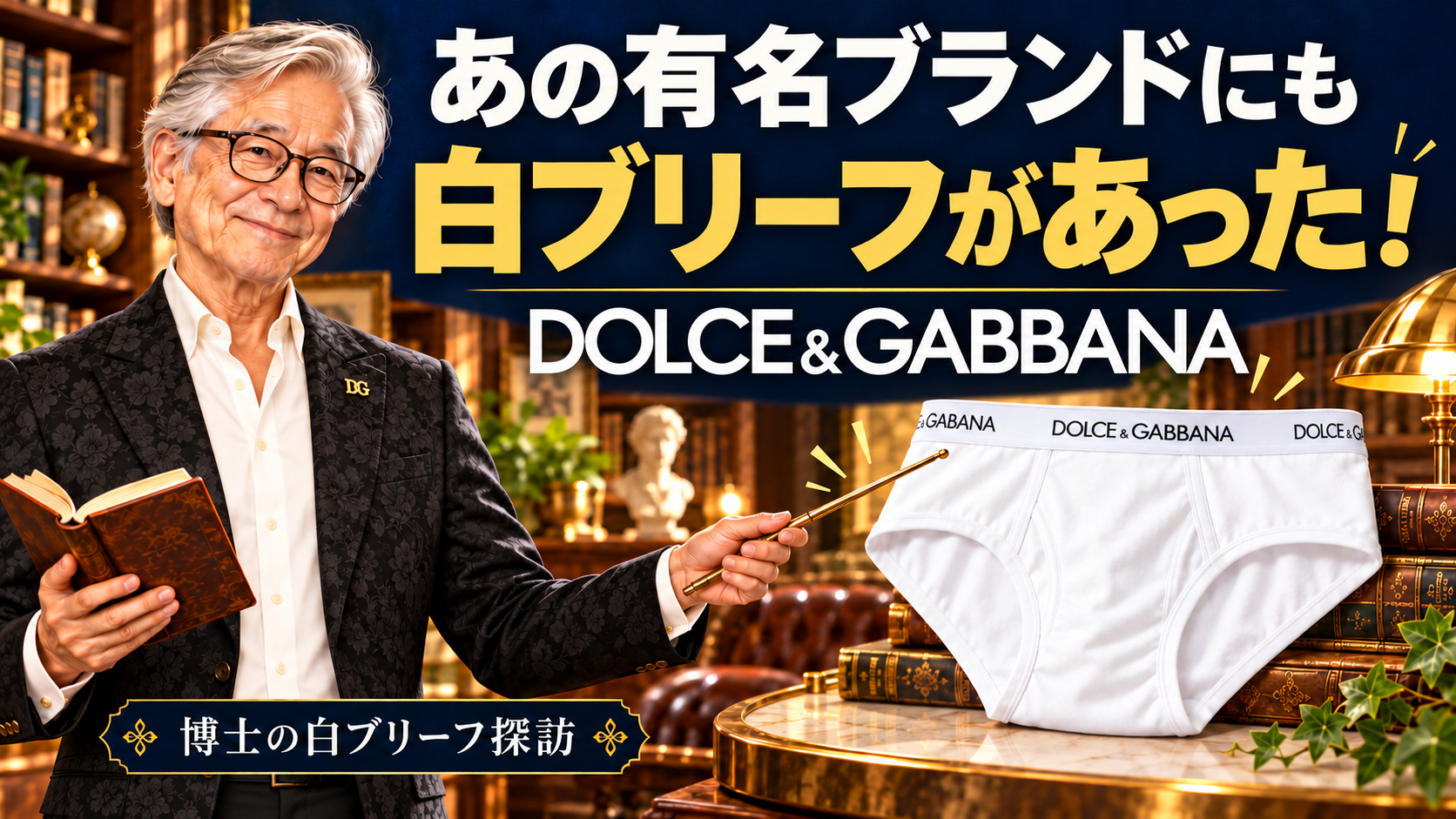 「あの有名ブランドにも 白ブリーフがあった！」の見出しと、博士・DOLCE&GABBANAの白ブリーフを描いた参考イラスト