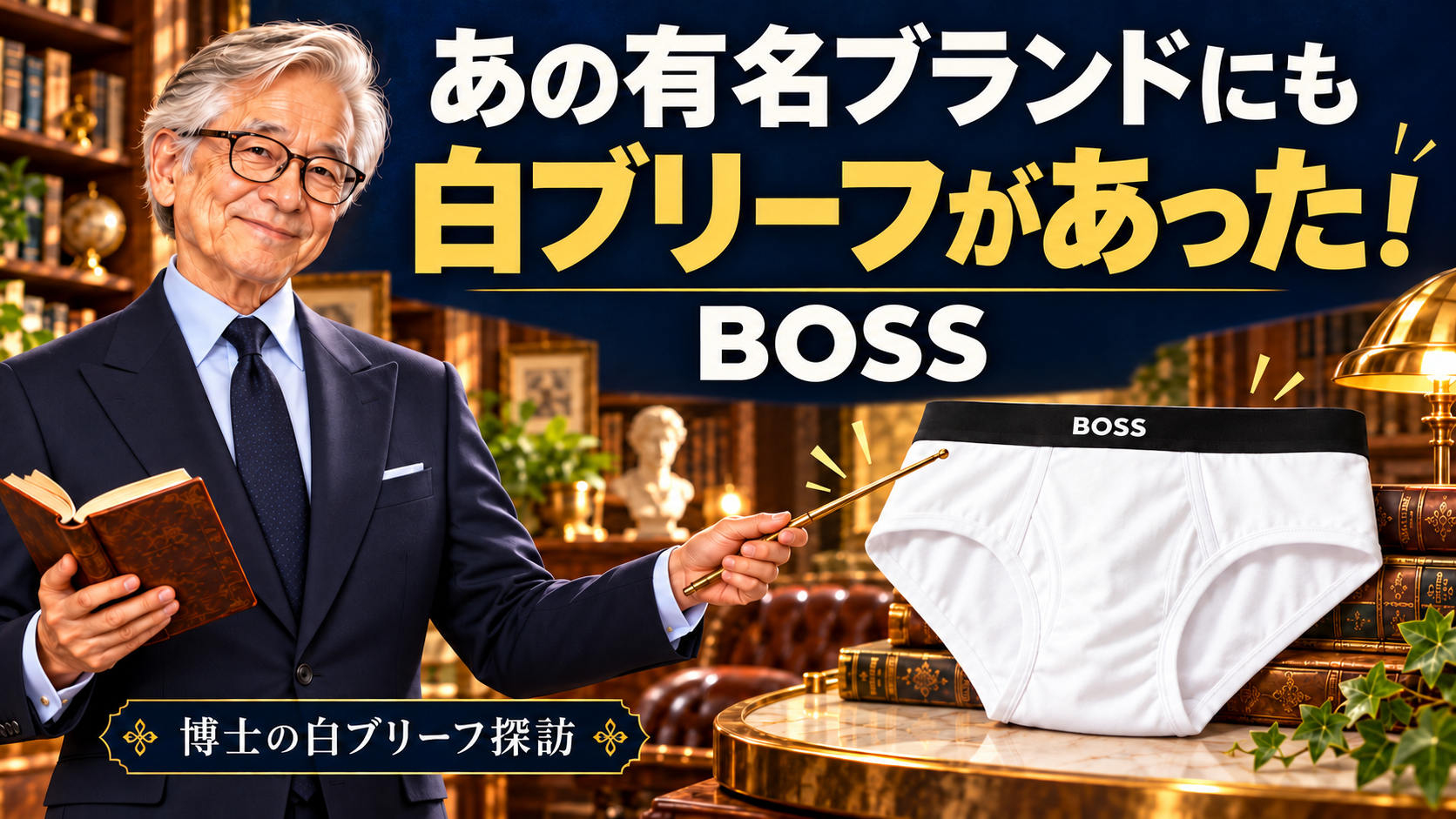 「あの有名ブランドにも 白ブリーフがあった！」の見出しと、博士・BOSSの白ブリーフを描いた参考イラスト