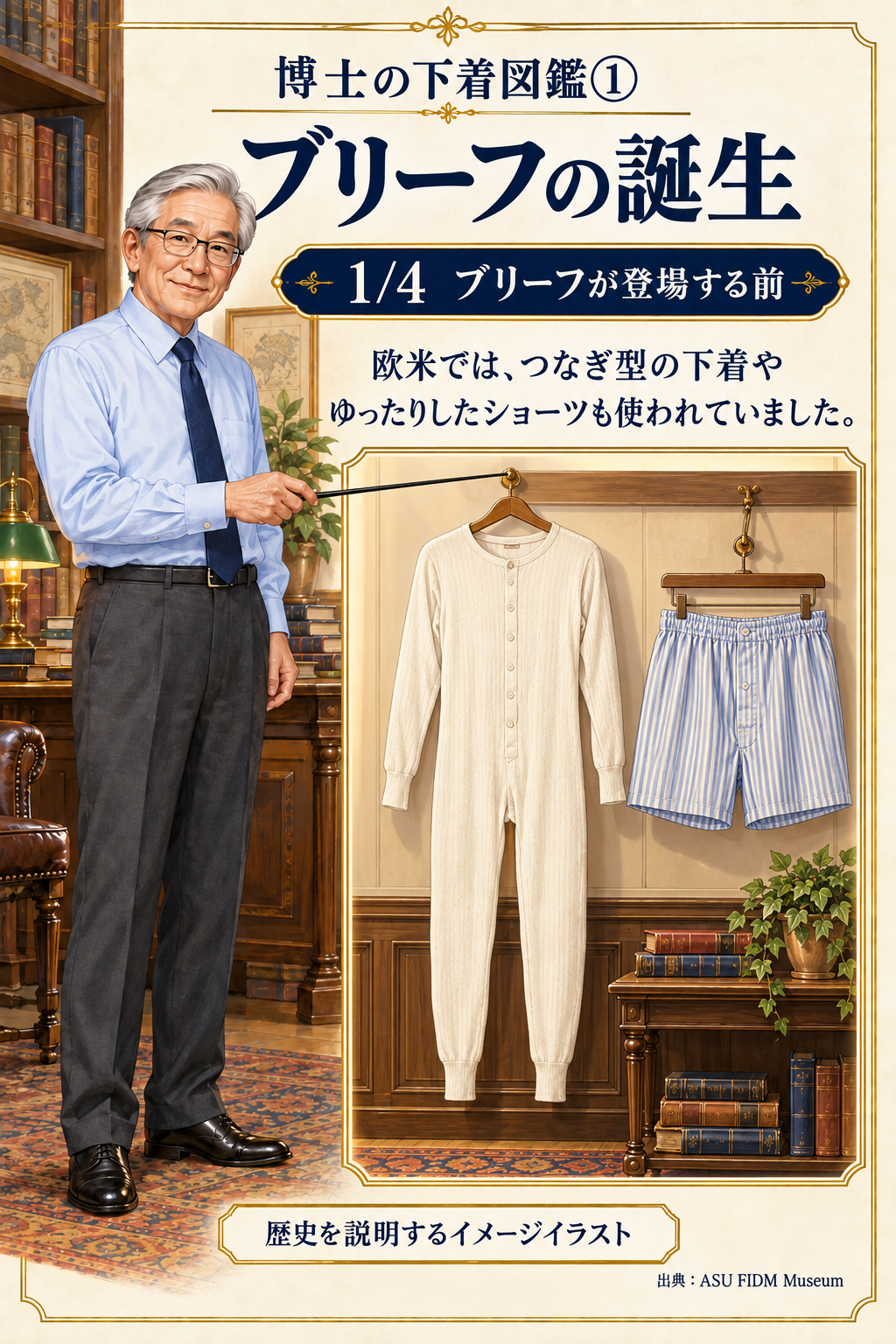 博士の下着図鑑① ブリーフの歴史を説明するイメージイラスト