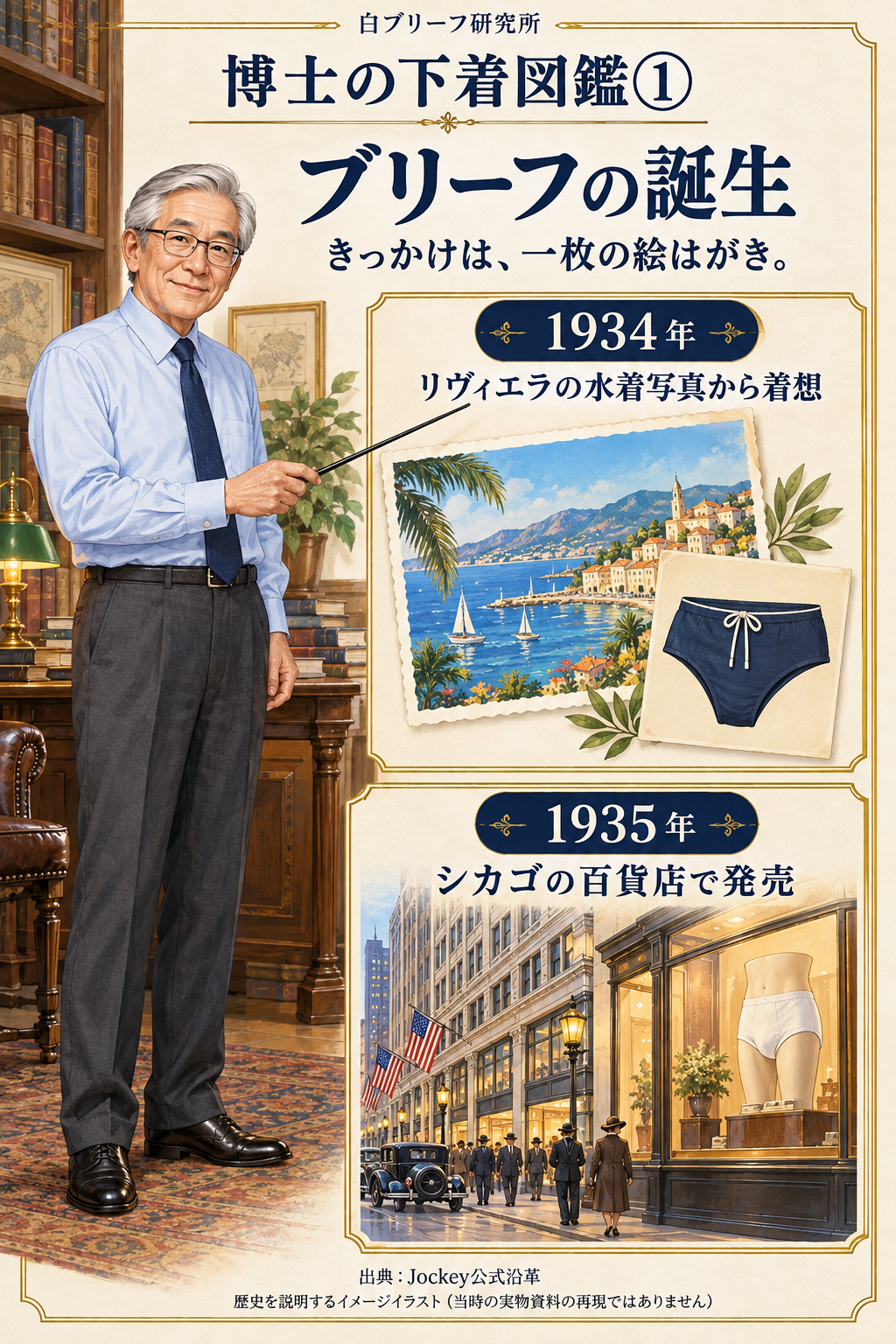 博士の下着図鑑① ブリーフの歴史を説明するイメージイラスト