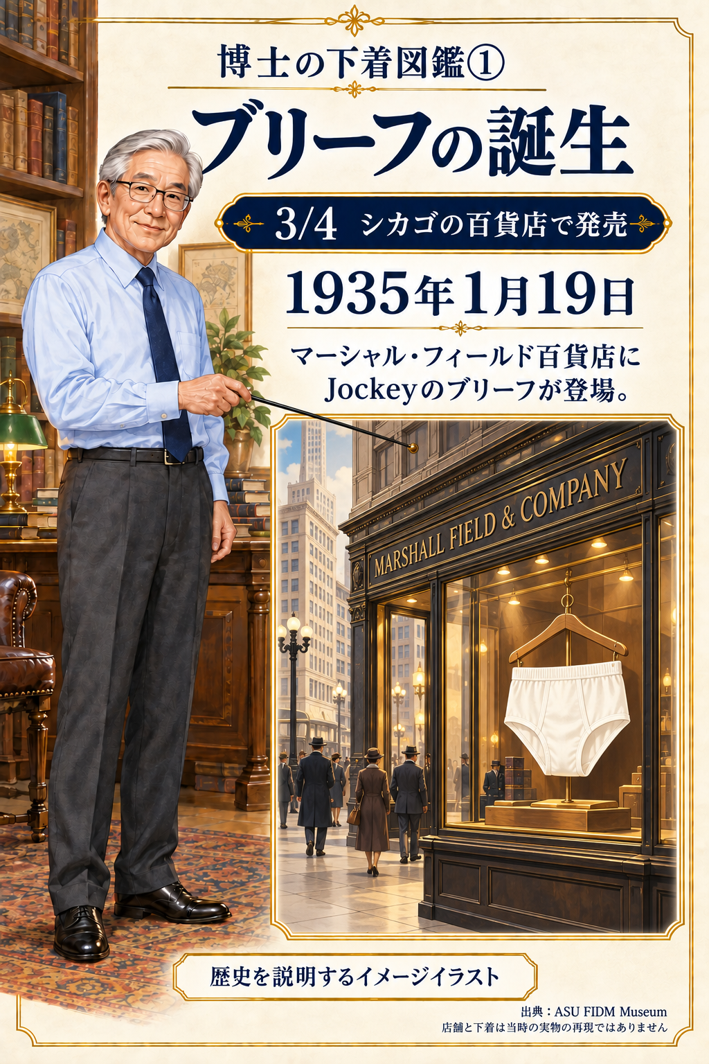 博士の下着図鑑① ブリーフの歴史を説明するイメージイラスト