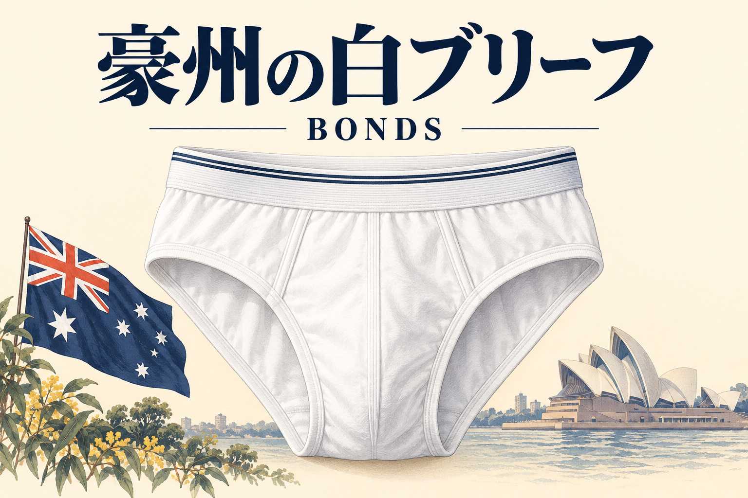 BONDS紹介記事用に白ブリーフとオーストラリアの風景を描いたイメージイラスト。実際の商品写真ではありません。