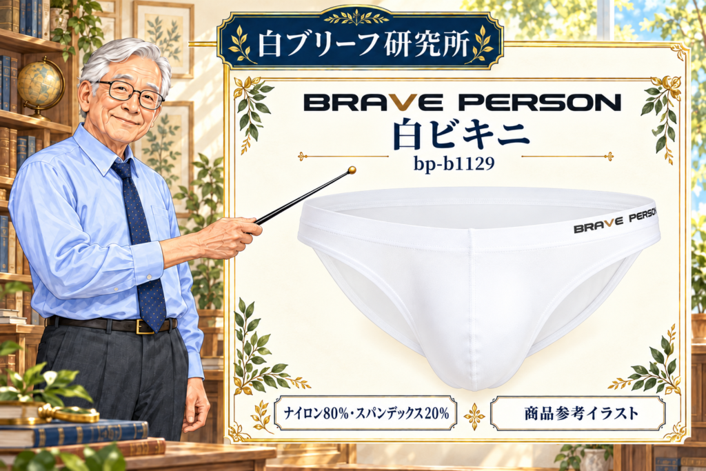 研究所の博士がBRAVEPERSON-白ビキニ-bpb1129を指示棒で解説する商品参考イラスト
