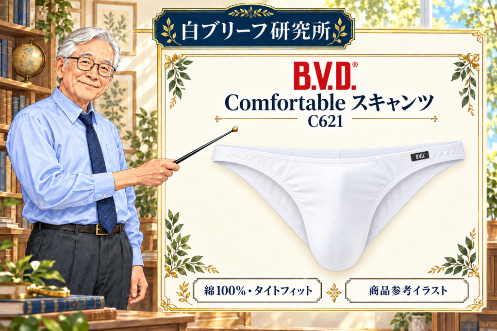 研究所の博士がBVD-Comfortableスキャンツ-C621を指示棒で解説する商品参考イラスト