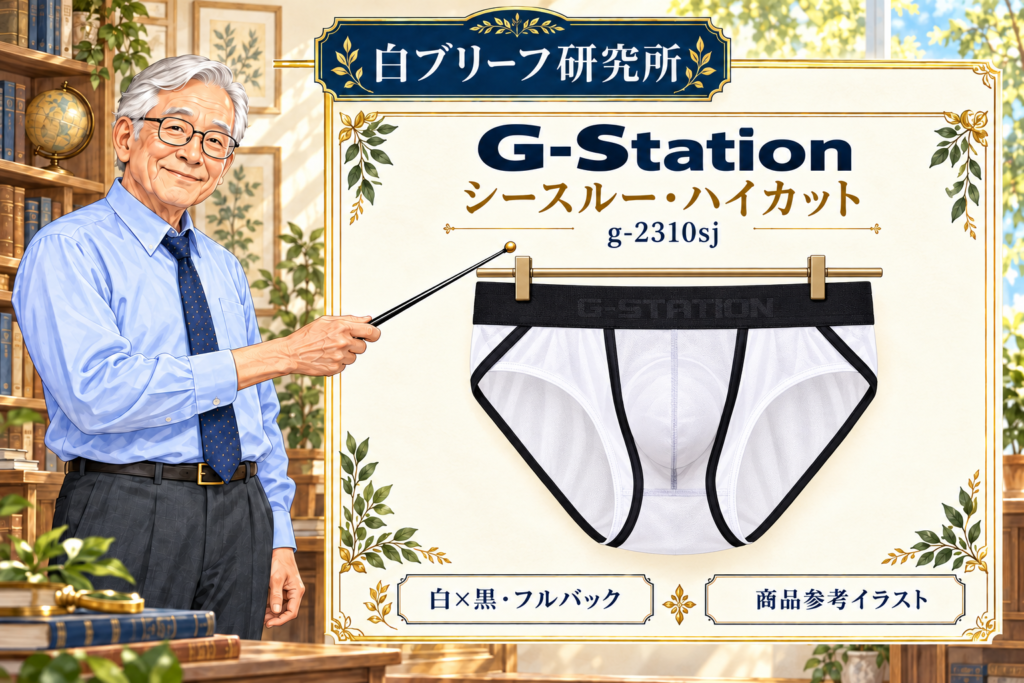 研究所の博士がGStation-シースルーハイカット-g2310sjを指示棒で解説する商品参考イラスト