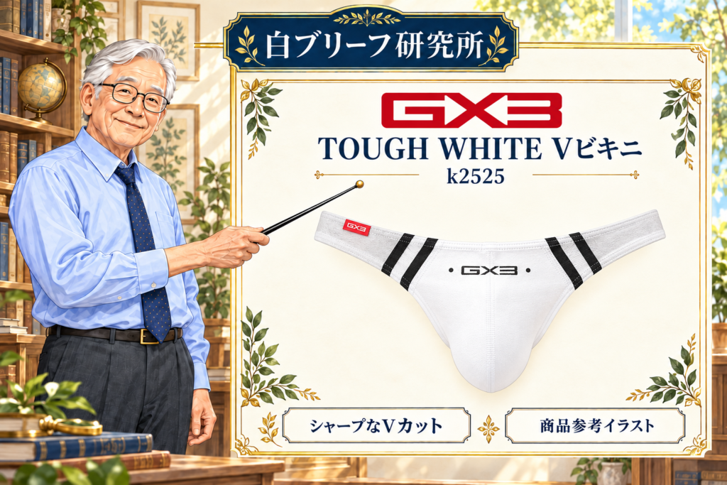 研究所の博士がGX3のTOUGH WHITE Vビキニ(k2525)を指示棒で解説する商品参考イラスト