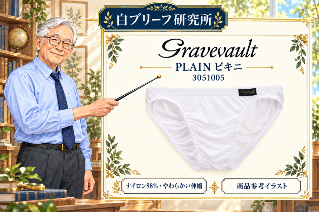 研究所の博士がGravevault-PLAINビキニ-3051005を指示棒で解説する商品参考イラスト