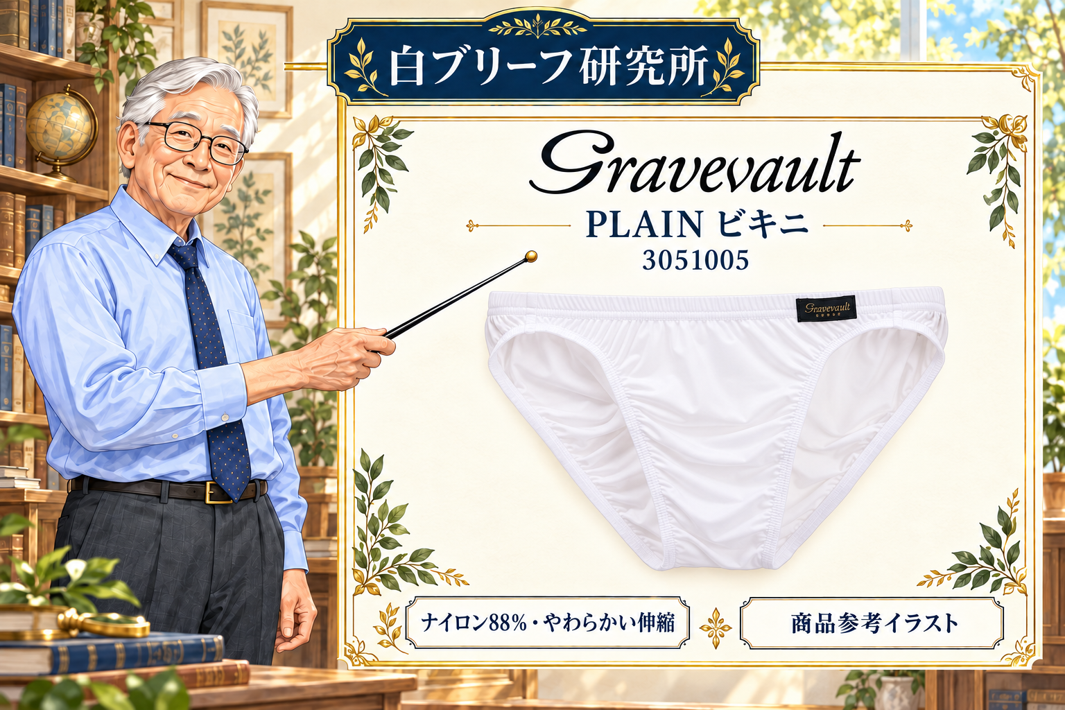 研究所の博士がGravevault-PLAINビキニ-3051005を指示棒で解説する商品参考イラスト