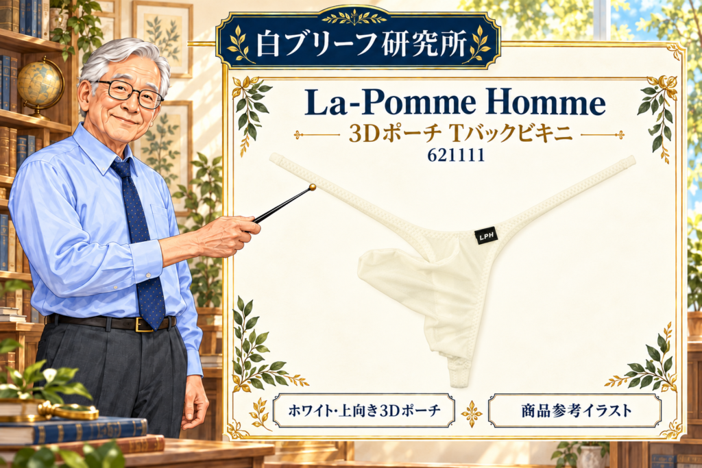 研究所の博士がLaPommeHomme-3Dポーチ-621111を指示棒で解説する商品参考イラスト