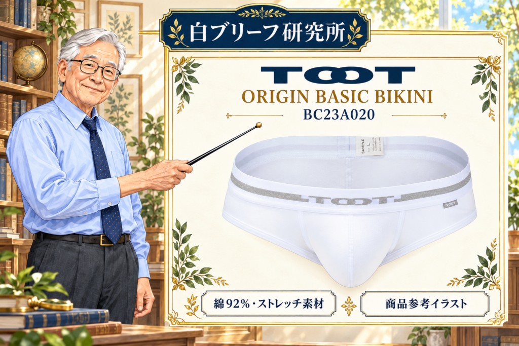 研究所の博士がTOOTの白ビキニBC23A020の立体フロントを指示棒で解説する商品参考イラスト