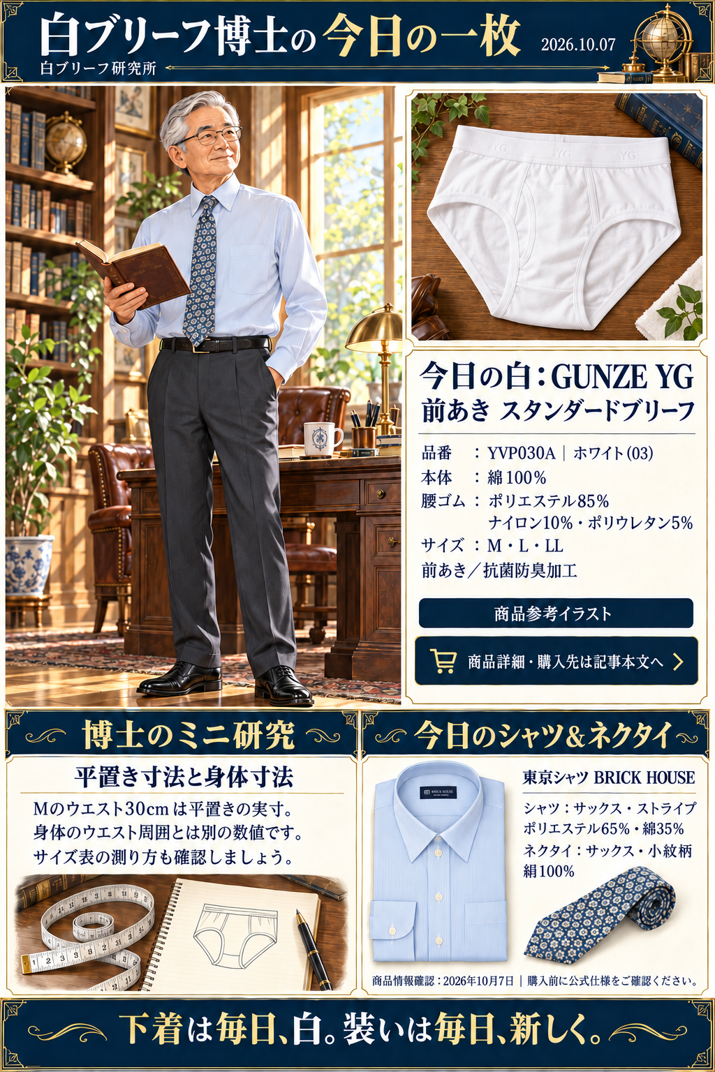 サックスのストライプシャツと青系小紋タイの博士の全身、グンゼYG YVP030Aの白ブリーフ、平置き寸法のミニ研究をまとめた商品参考イラスト。