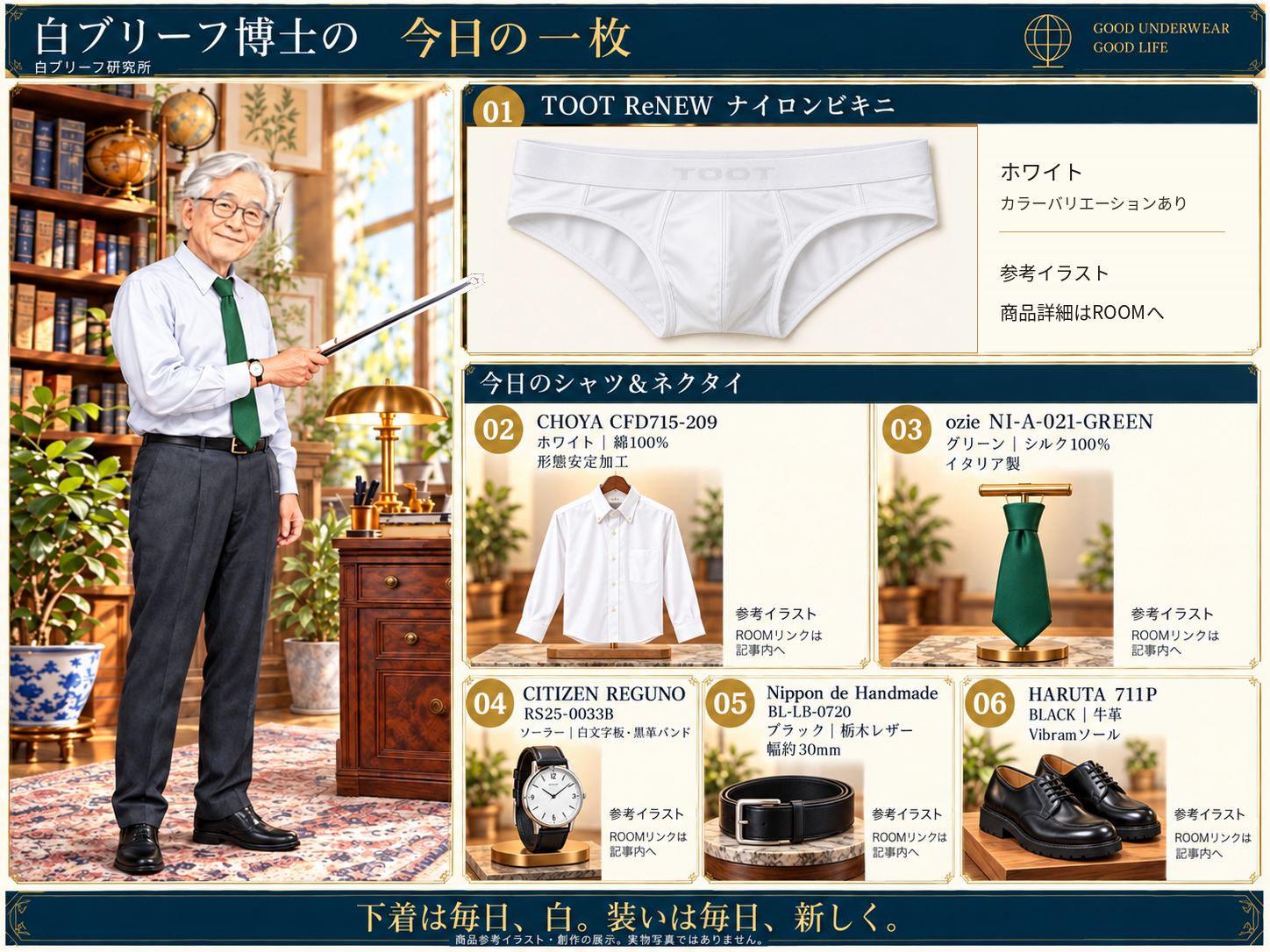 白いビキニとグリーンのネクタイを中心に6商品を紹介する博士の参考イラスト。実物写真ではありません。