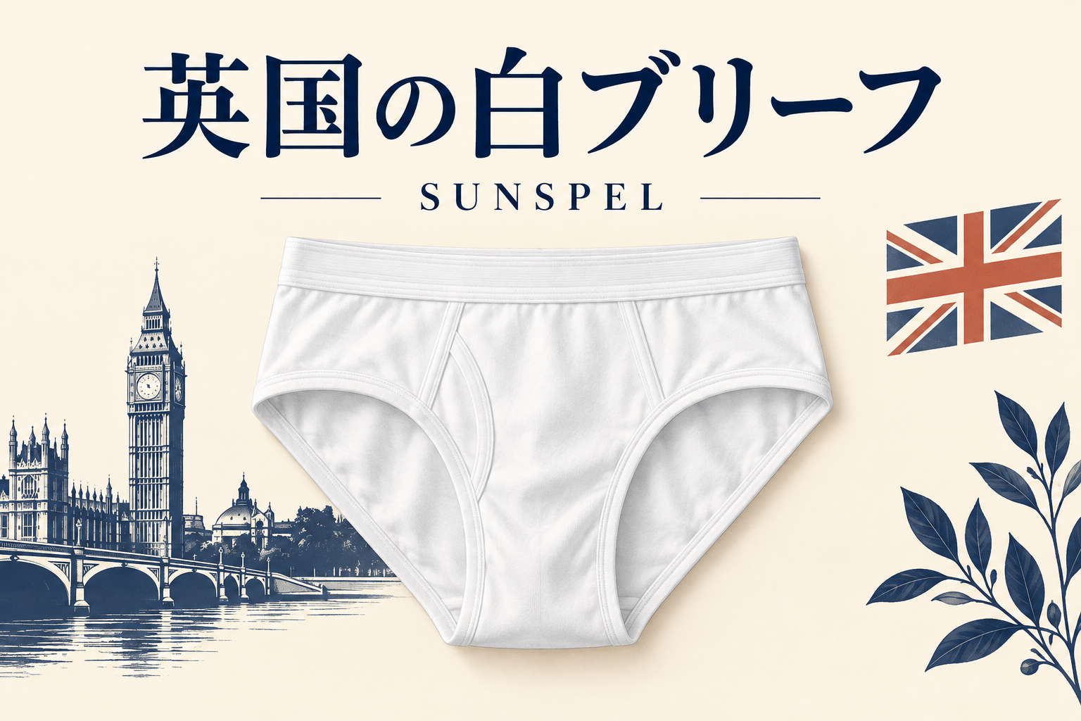 白いブリーフと英国の風景を描いたSunspel紹介記事のイメージイラスト。実際の商品写真ではありません。